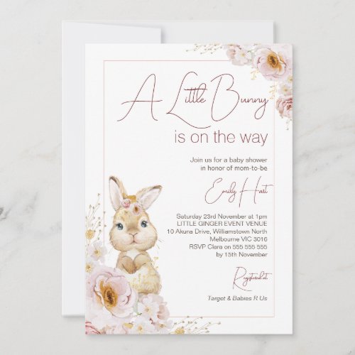 Chic Blush Boho Floral Bunny Baby Shower  Invitation