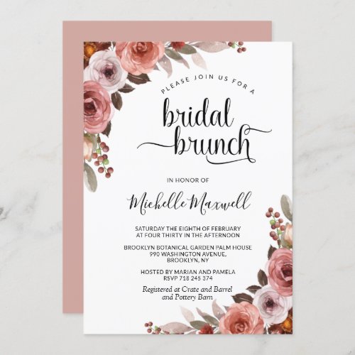 Chic Blush Burgundy and Pink Floral Bridal Brunch Invitation