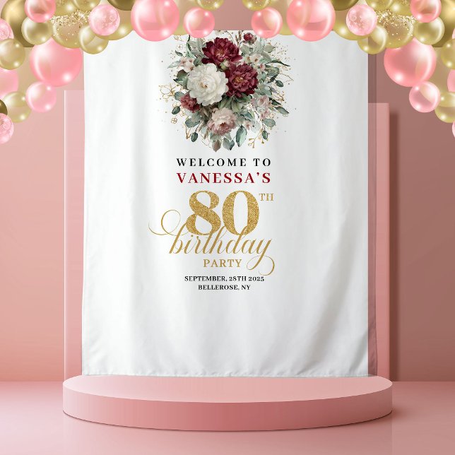Chic Blush Burgundy Floral 80th Birthday Backdrop (Chic Blush Burgundy Floral 80th Birthday Backdrop)