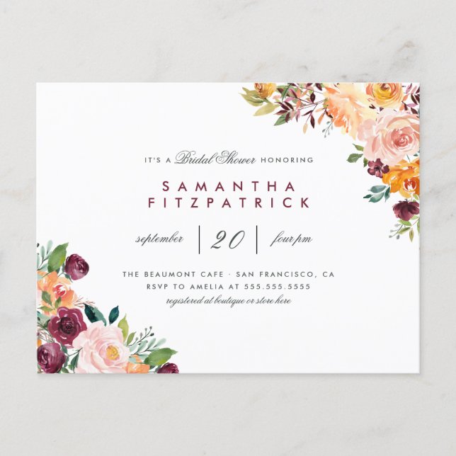 Chic Blush & Burgundy Floral Bridal Shower Invitation Postcard (Front)