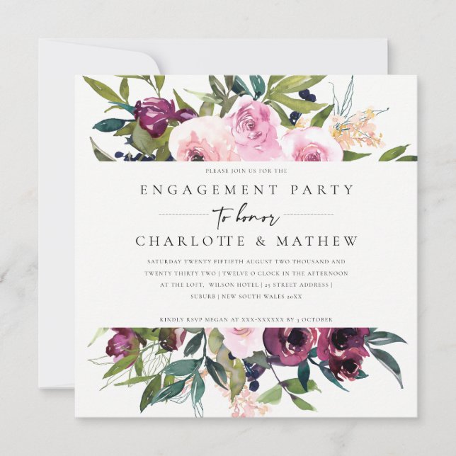 CHIC BLUSH BURGUNDY FLORAL BUNCH BRIDAL SHOWER INVITATION (Front)