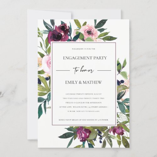 CHIC BLUSH BURGUNDY FLORAL BUNCH ENGAGEMENT PARTY INVITATION