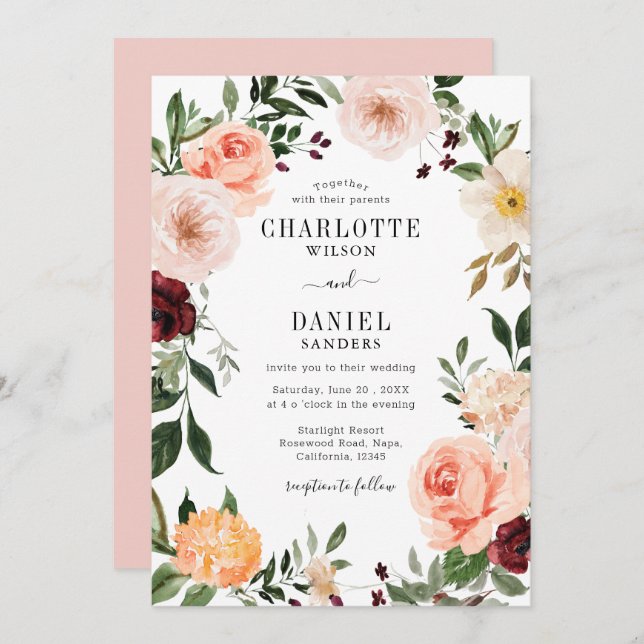 Chic Blush & Burgundy Floral Frame Wedding Invitation (Front/Back)