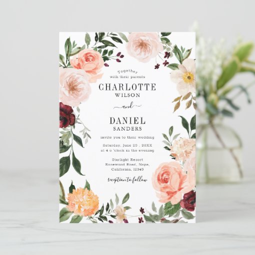 Chic Blush & Burgundy Floral Frame Wedding Invitation | Zazzle