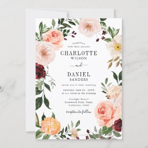 Chic Blush & Burgundy Floral Frame Wedding Invitation | Zazzle