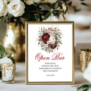 Chic Blush Burgundy Floral Open Bar Sign