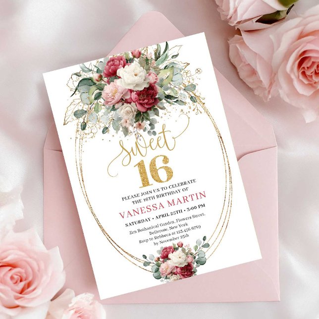 Chic Blush Burgundy Floral Sweet Sixteen Birthday  Invitation (Chic Blush Burgundy Floral Sweet Sixteen Birthday Invite)