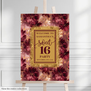 Chic Blush Burgundy Gold Sweet 16 Floral Poster