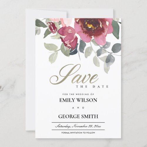 CHIC BLUSH BURGUNDY ROSE FLORAL SAVE THE DATE CARD