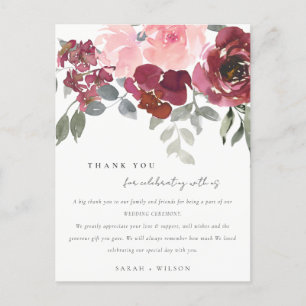 CHIC BLUSH BURGUNDY ROSE FLORAL WEDDING THANK YOU ANNOUNCEMENT POSTCARD