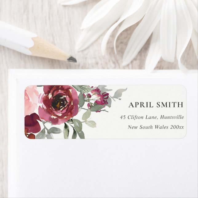 CHIC BLUSH BURGUNDY WATERCOLOR ROSE FLORAL ADDRESS LABEL (Insitu)