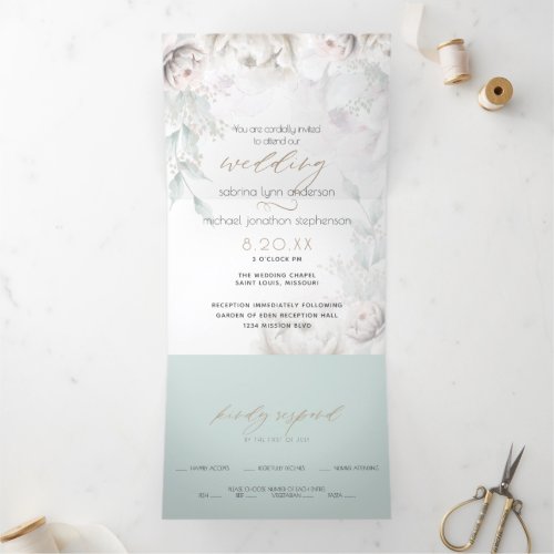 Chic Blush Coral White Peonies ALL in ONE Wedding Tri_Fold Invitation