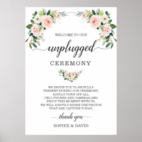 Chic Blush Cream Floral Unplugged Ceremony Sign