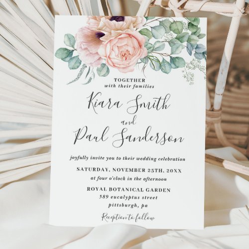 Chic Blush Dusty Pink Floral Eucalyptus Wedding Invitation