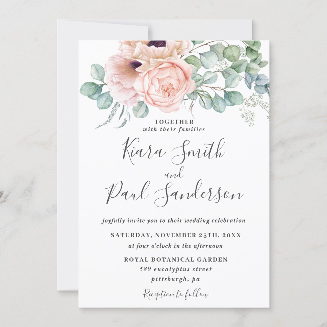 Chic Blush Dusty Pink Floral Eucalyptus Wedding Invitation | Zazzle