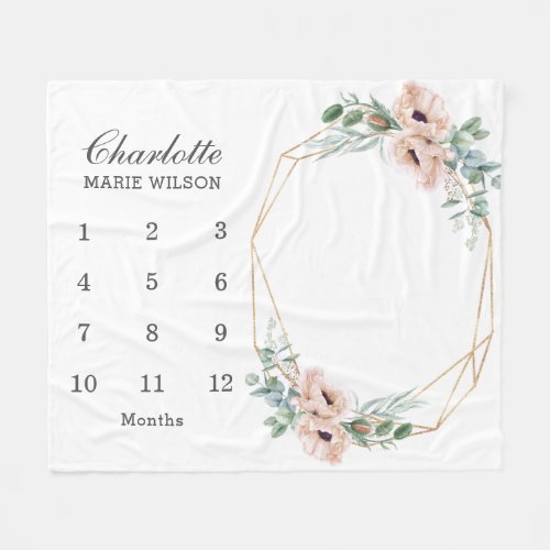 Chic Blush Dusty Pink Floral Monthly Milestone Bab Fleece Blanket