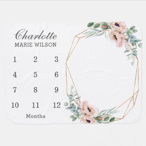 Chic Blush Dusty Pink Floral Monthly Milestone Baby Blanket