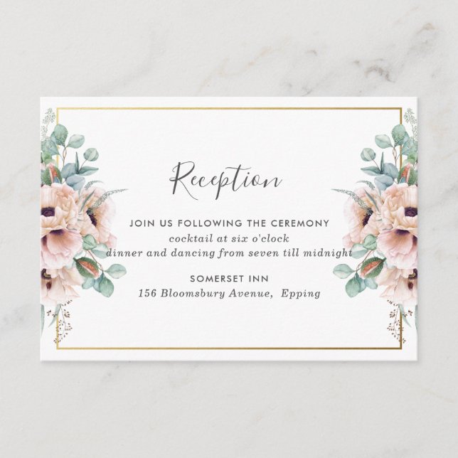 Chic Blush Dusty Pink Floral Wedding Reception Enclosure Card (Front)