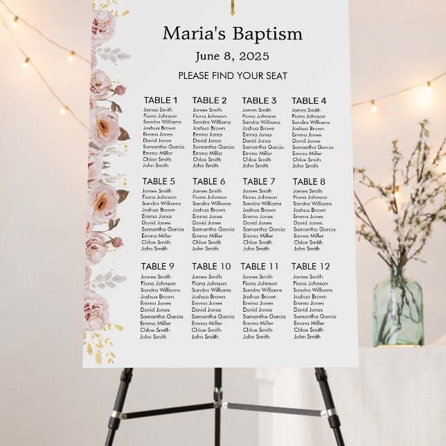 Chic Blush Floral and Cross Baptism Seating Chart  Foam Board (In Situ (Stand))