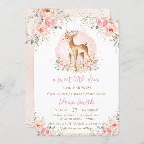 Chic Blush Floral Baby Deer Fawn Girl Baby Shower Invitation