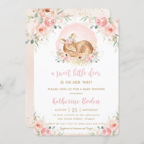 Chic Blush Floral Baby Deer Girl Baby Shower Invitation