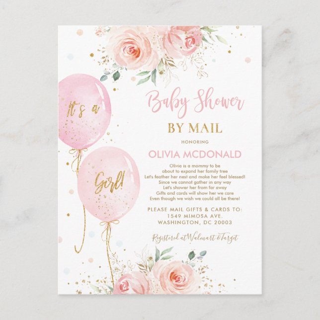 Chic Blush Floral Balloons Baby Shower by Mail Postcard (Front)