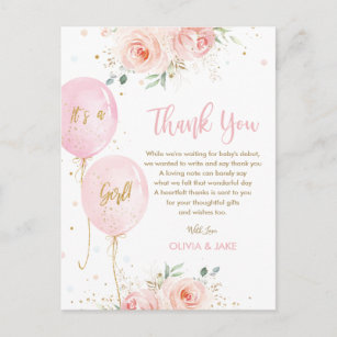 Chic Blush Floral Balloons Baby Shower Thank You Postcard