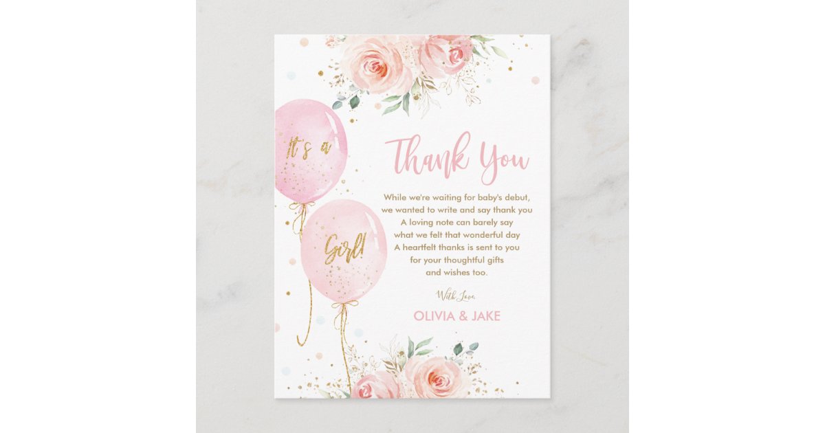 Chic Blush Floral Balloons Baby Shower Thank You Postcard | Zazzle