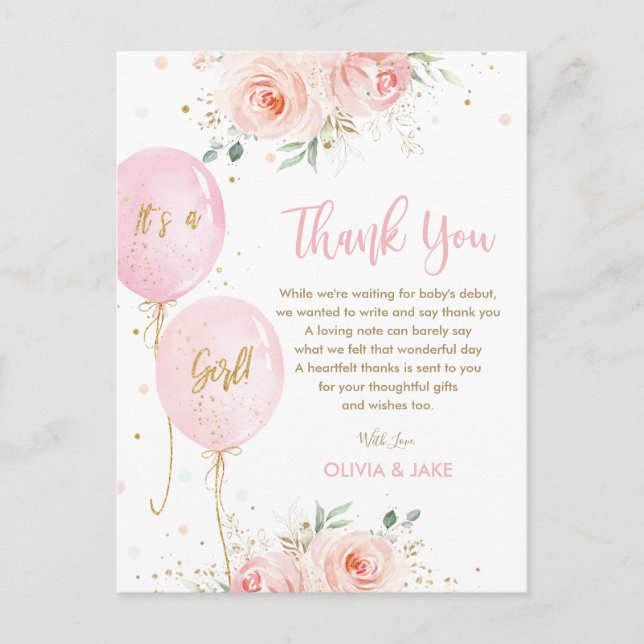 Chic Blush Floral Balloons Baby Shower Thank You Postcard (Front)
