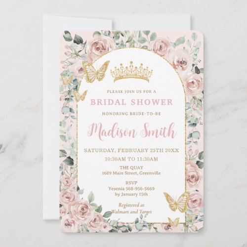 Chic Blush Floral Butterflies Royal Bridal Shower Invitation