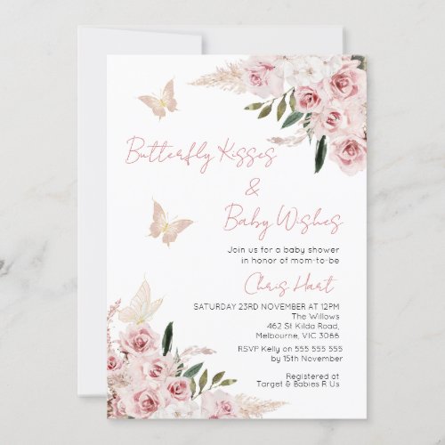 Chic Blush Floral Butterfly Kisses Baby Shower Invitation