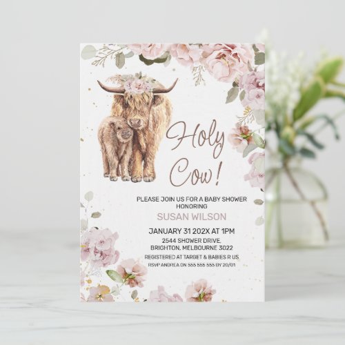 Chic Blush Floral Cow and Calf Baby Shower Invitation