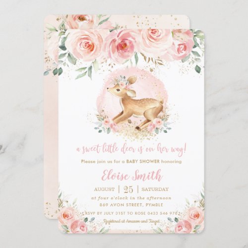 Chic Blush Floral Cute Baby Deer Girl Baby Shower Invitation