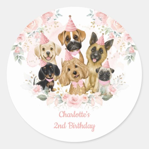 Chic Blush Floral Dogs Puppies Birthday Party Classic Round Sticker