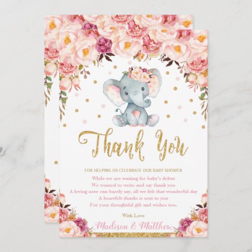 Chic Blush Floral Elephant Baby Shower Birthday Thank You Card