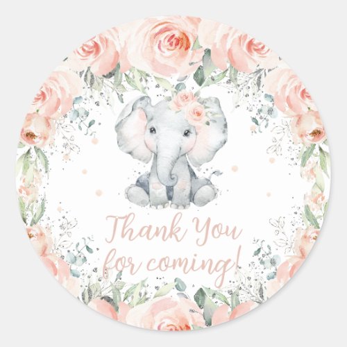 Chic Blush Floral Elephant Birthday Baby Shower  Classic Round Sticker