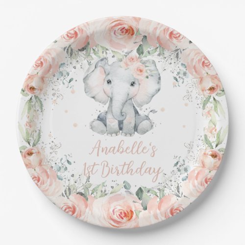 Chic Blush Floral Elephant Birthday Baby Shower Paper Plates
