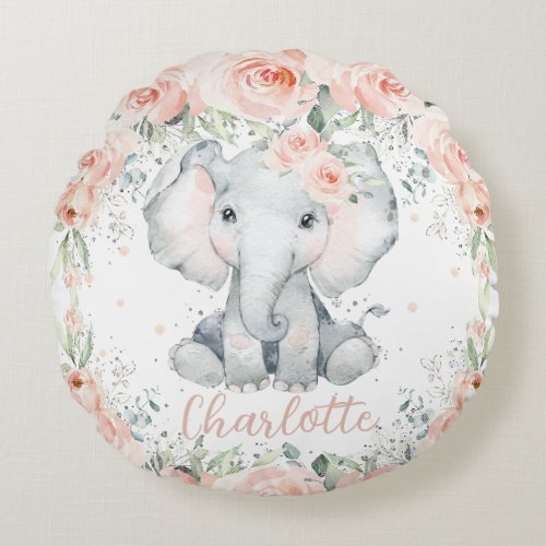 Chic Blush Floral Elephant Girl Bedroom Nursery Round Pillow