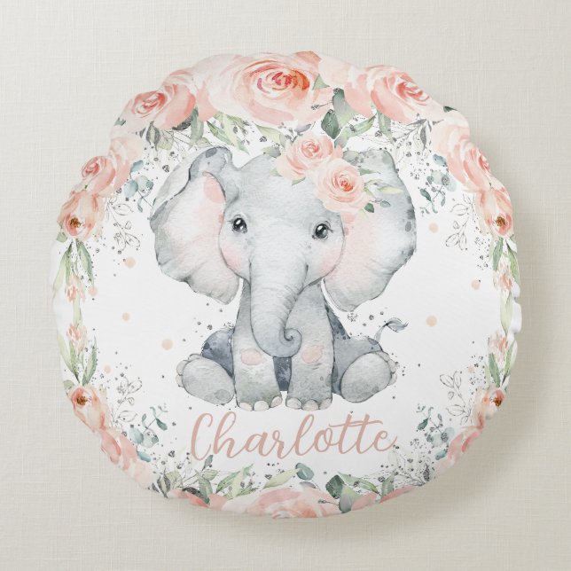 Chic Blush Floral Elephant Girl Bedroom Nursery Round Pillow (Front)