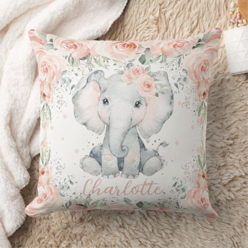 Chic Blush Floral Elephant Girl Bedroom Nursery Throw Pillow
