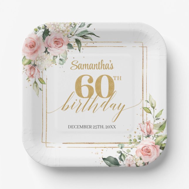 Chic blush floral eucalyptus gold 60th birthday paper plates (Front)