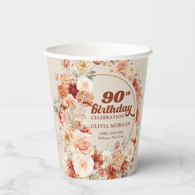 Chic blush floral eucalyptus gold 90th birthday  paper cups (Back)
