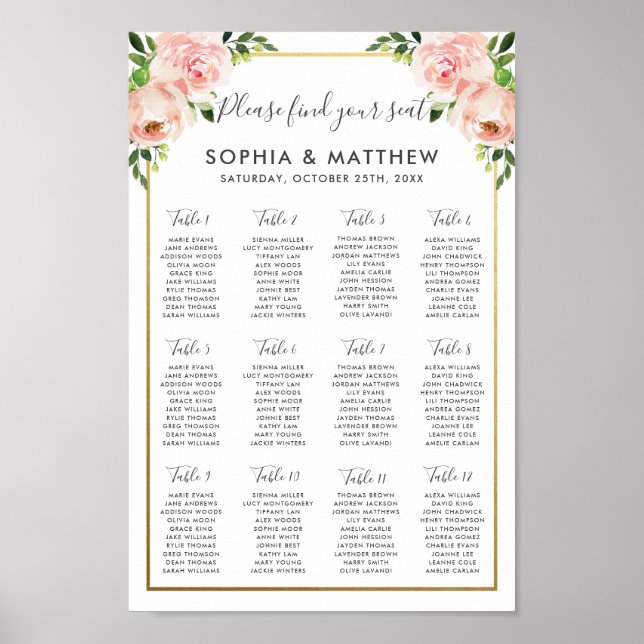 Chic Blush Floral Flowers Wedding Seating Chart  (Front)