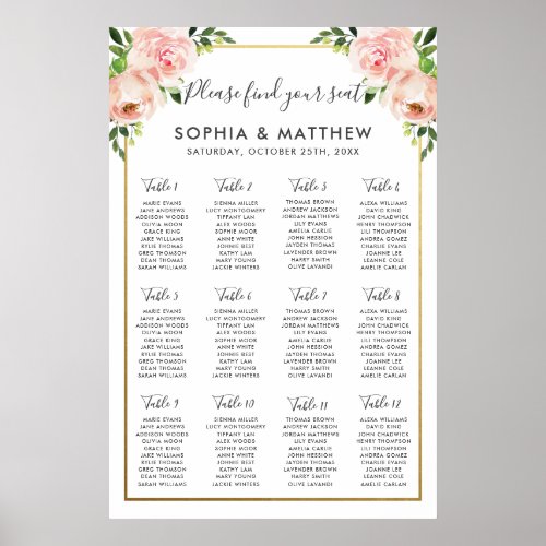 Chic Blush Floral Flowers Wedding Seating Chart