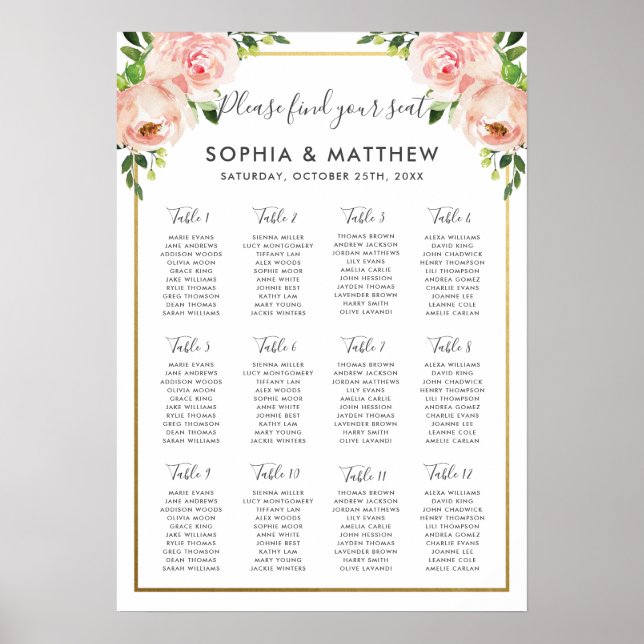 Chic Blush Floral Flowers Wedding Seating Chart A2 (Front)