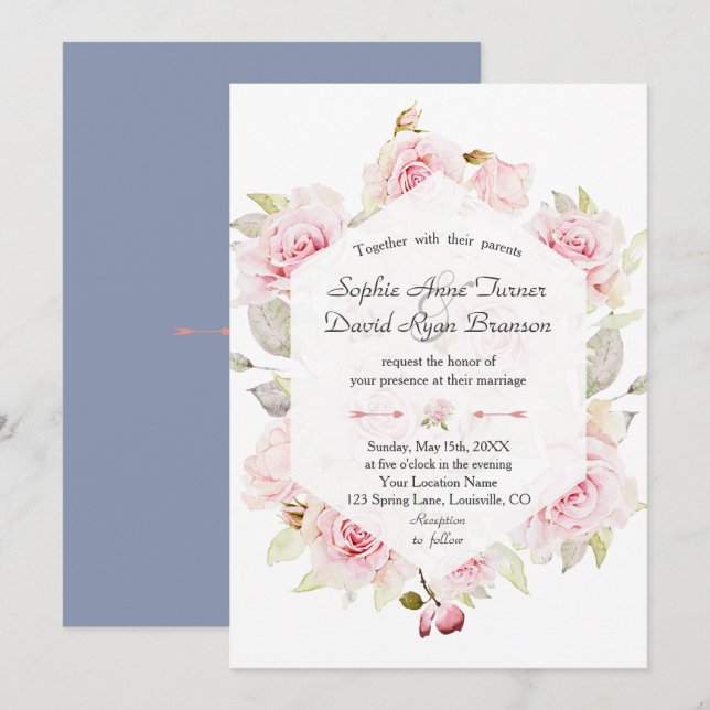 Chic Blush Floral Geometric Dusty Blue Wedding Invitation (Front/Back)