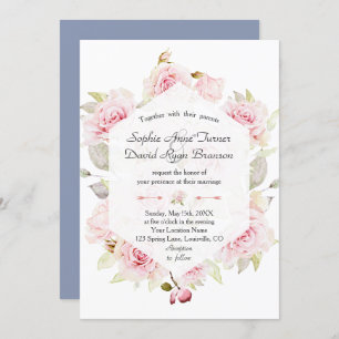 Chic Blush Floral Geometric Dusty Blue Wedding Invitation
