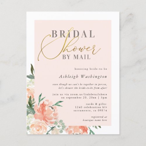 Chic Blush Floral Gold Bridal Shower By Mail Invitation Postcard