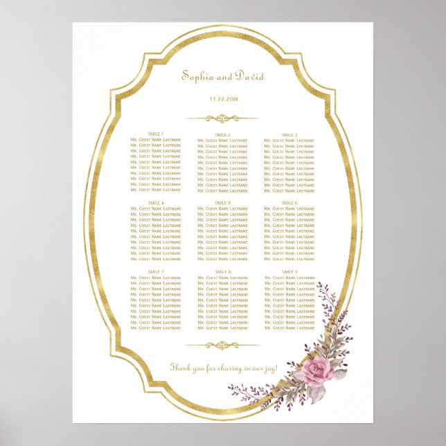 Chic Blush Floral Gold Frame Seating Chart (Front)