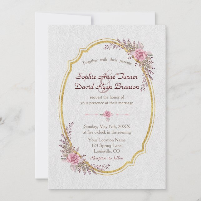 Chic Blush Floral Gold Frame White Wedding Invite (Front)